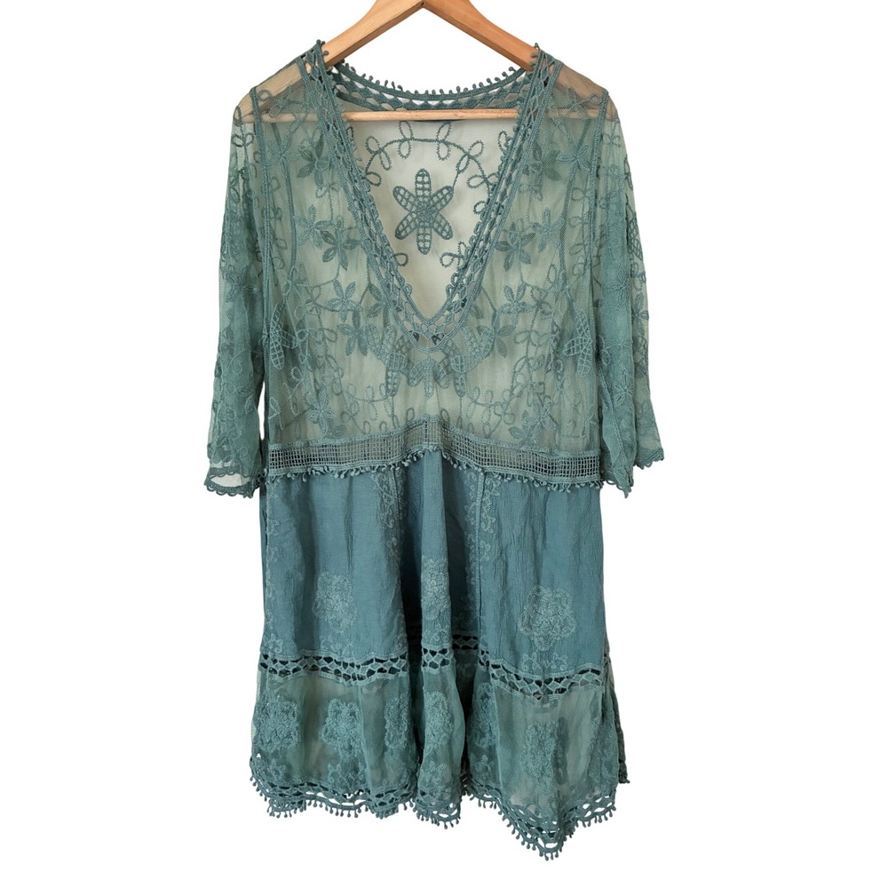 Boho Fairycore Sheer Lace Floral Embroidery Tunic Top Sage Green V-Neck Cover Up
